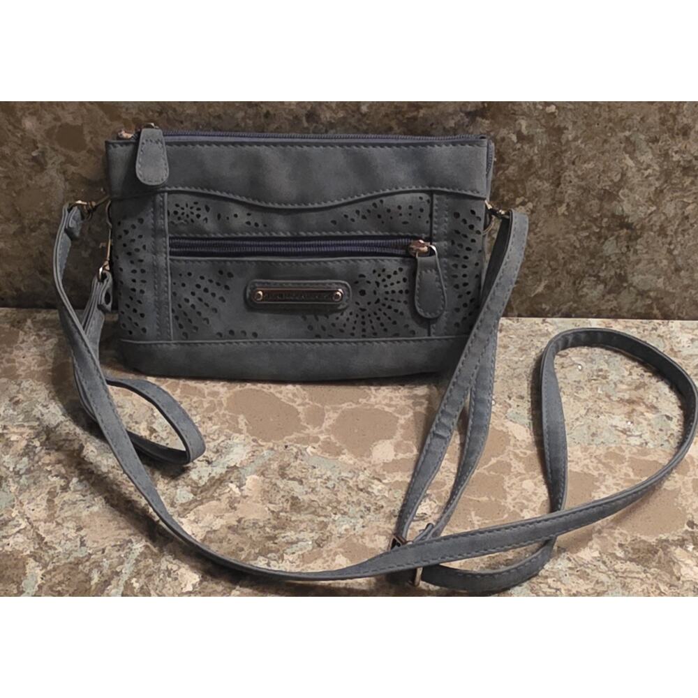 Stone Mountainl Crossbody Bag w Detachable Strap Gray Eyelet Vegan Suede 9"X6"